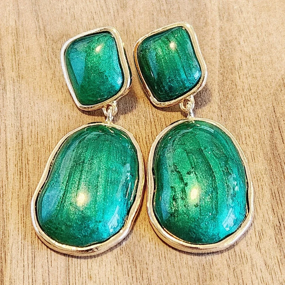 Emerald Green Gold Tone Marbled Resin Drop Statement Earrings Two Tier Dangle